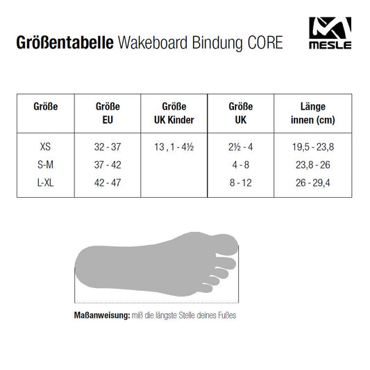 Größentabelle der Mesle Core Wakeboard Bindung