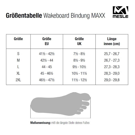 Größentabelle der Mesle Maxx Wakeboard Bindung