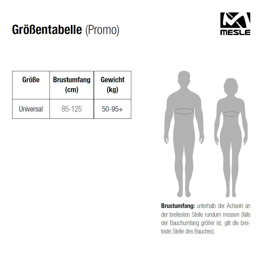 Größentabelle der Mesle Promo Schwimmweste