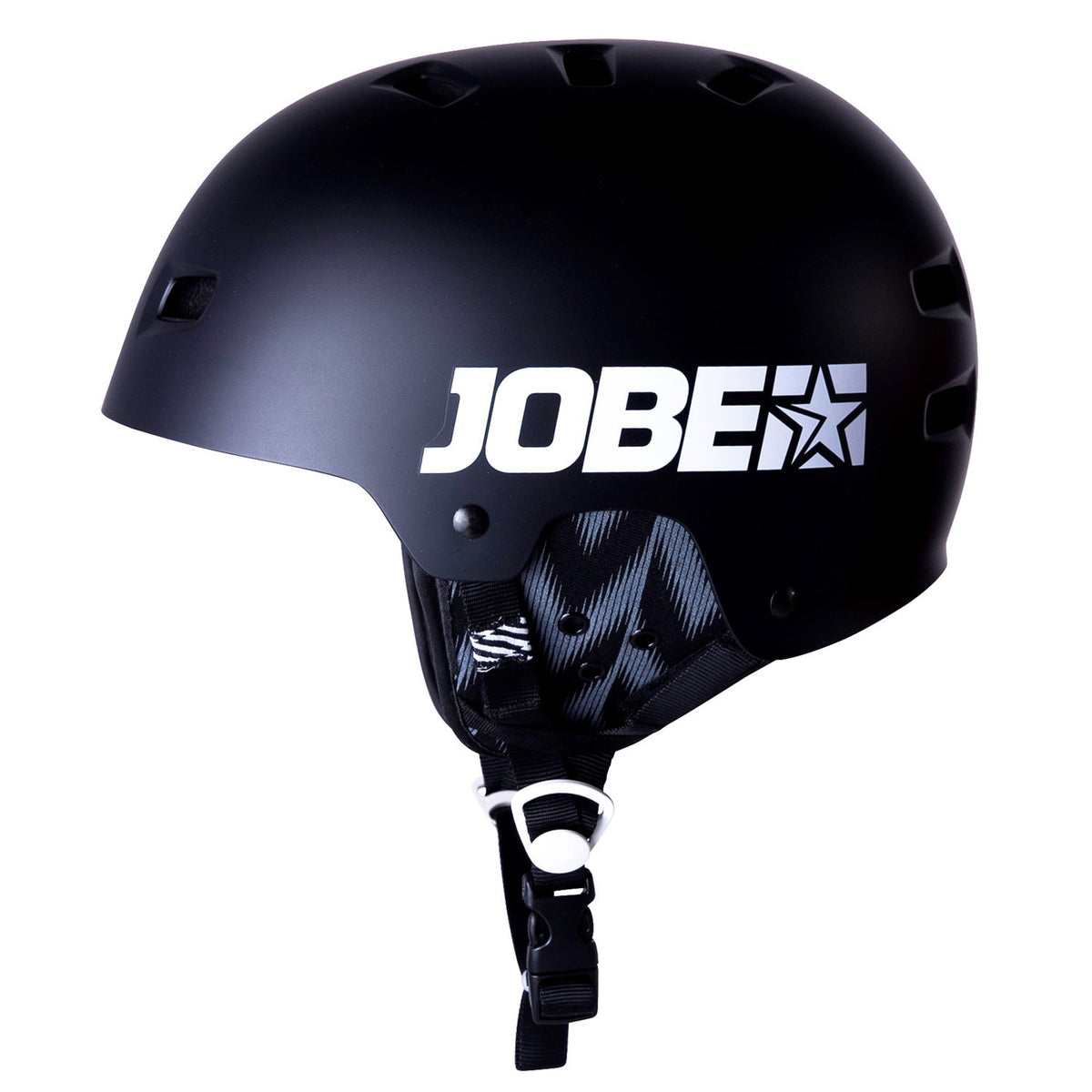 Jobe Base Wakeboard Helm in mattem Schwarz mit weißem Logo und verstellbarem Kinnriemen