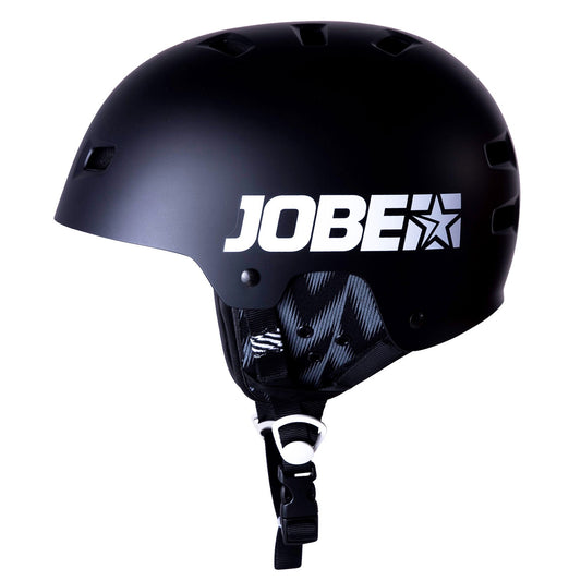 Jobe Base Wakeboard Helm in mattem Schwarz mit weißem Logo und verstellbarem Kinnriemen