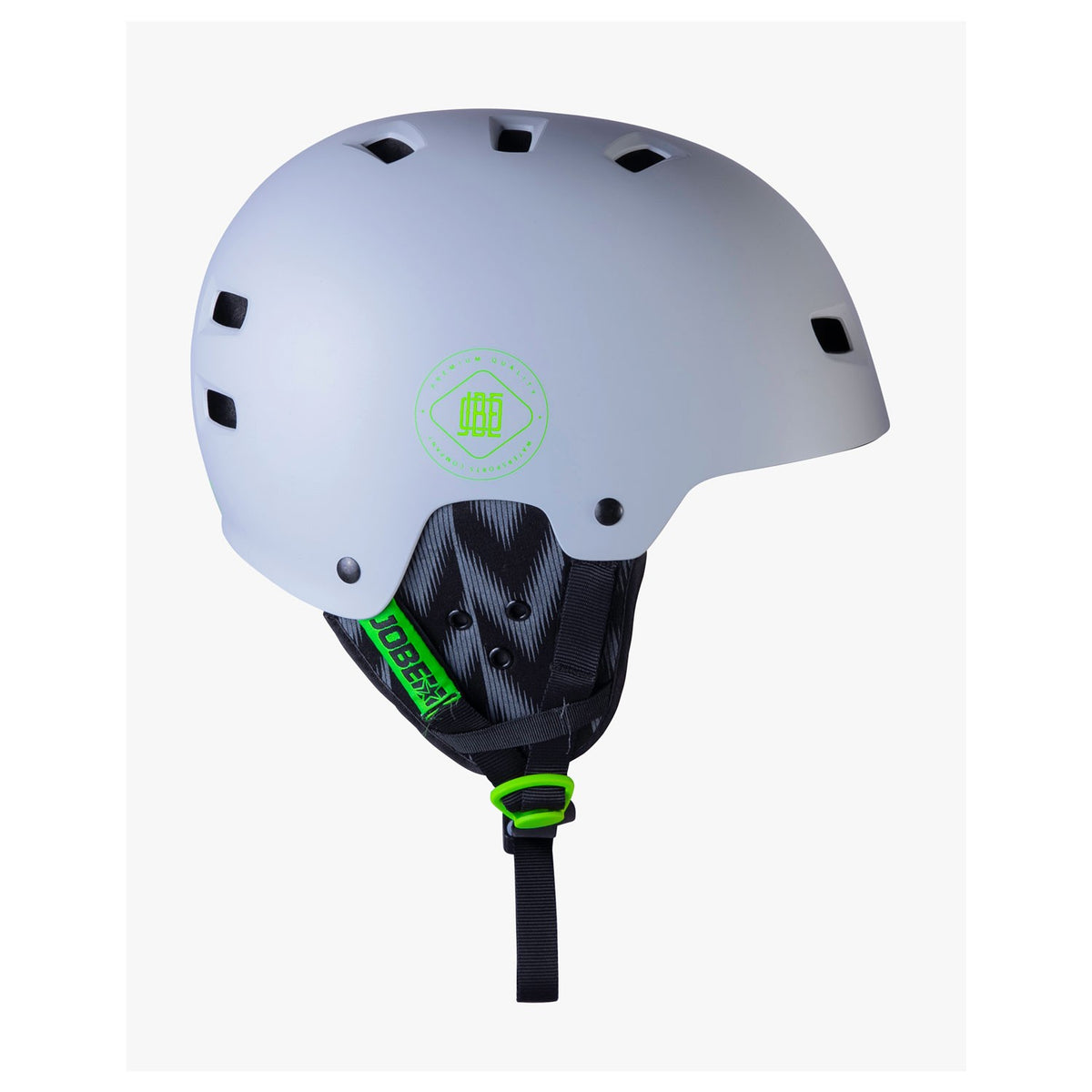 Jobe Base Wakeboard Helm in Cool Grau – Rückansicht mit Ohrpolster und Kinnriemen