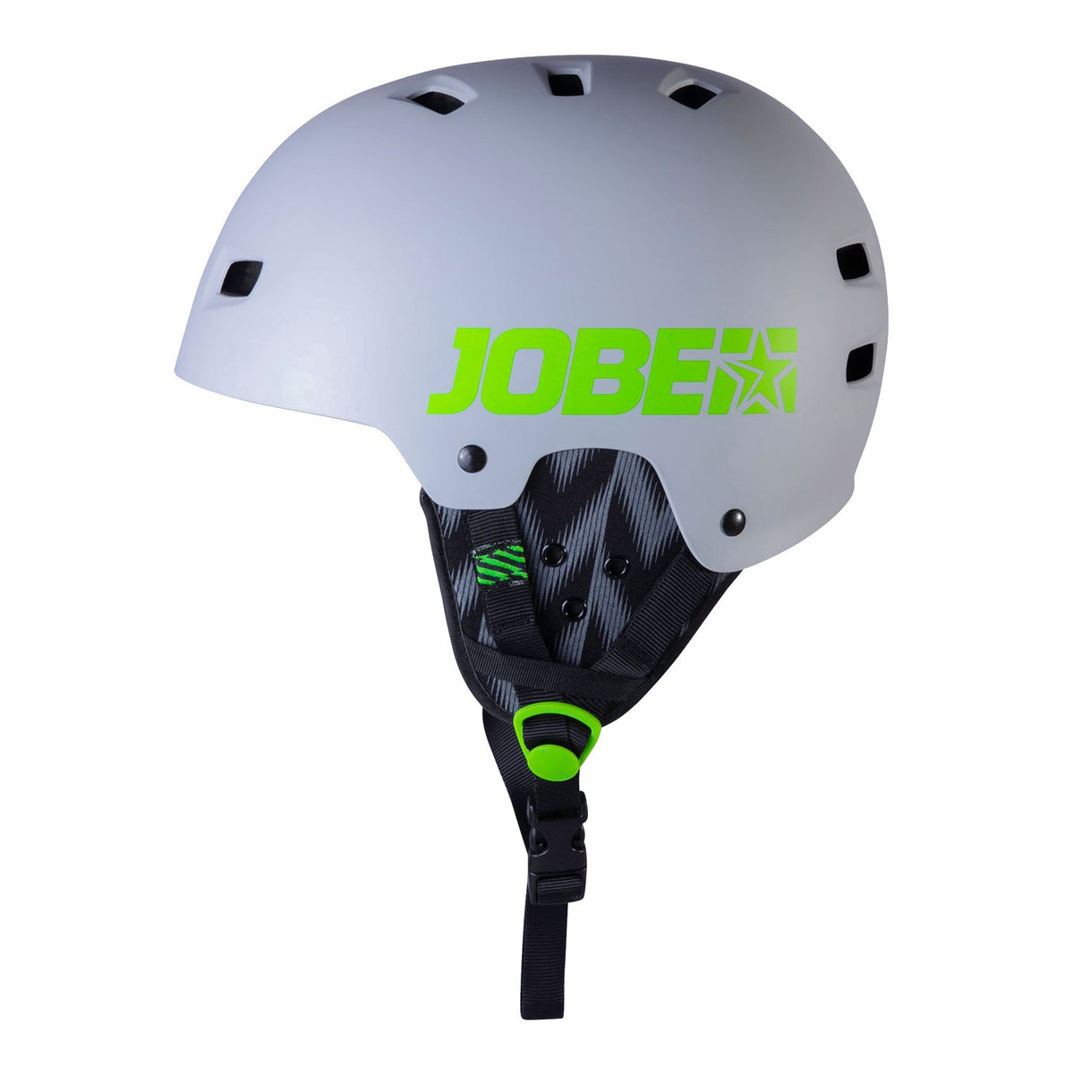 Jobe Base Wakeboard Helm in Cool Grau mit grünem Logo und grüner Riemenschnalle
