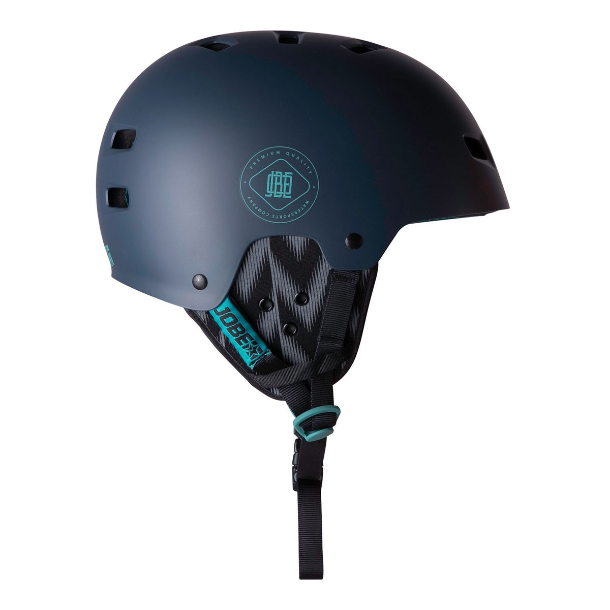 Jobe Base Wakeboard Helm in Midnight Blau – Rückansicht mit Ohrpolster und Kinnriemen