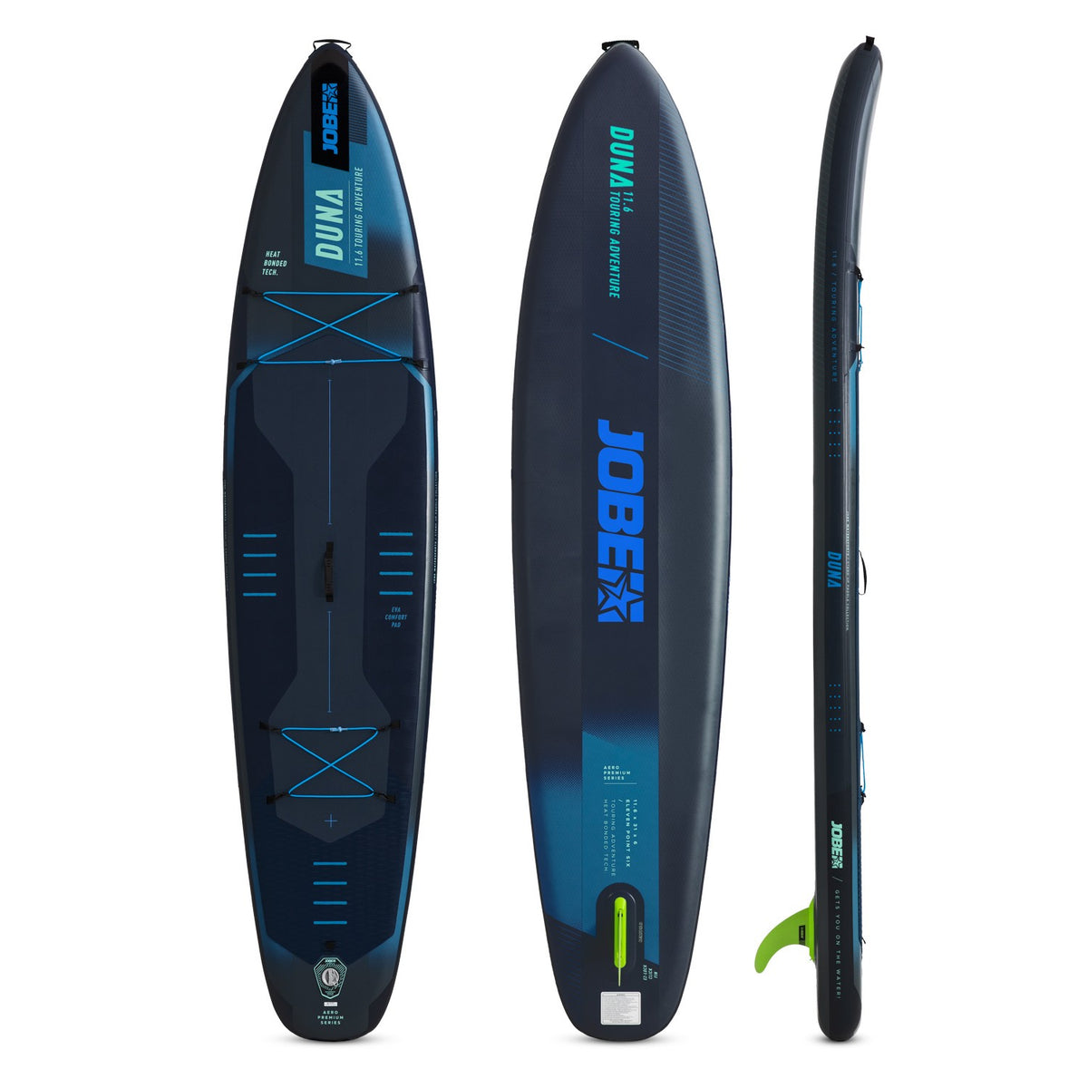 Jobe Aero Duna 11.6 SUP-Board in Blau – Ober-, Unter- und Seitenansicht