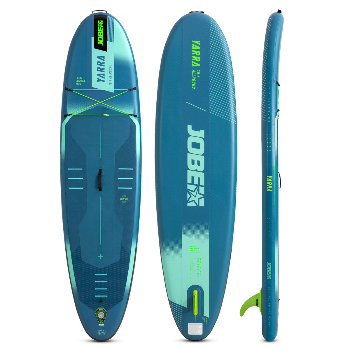 Jobe Aero Yarra 10.6 SUP-Board in Stahlblau – Ober-, Unter- und Seitenansicht