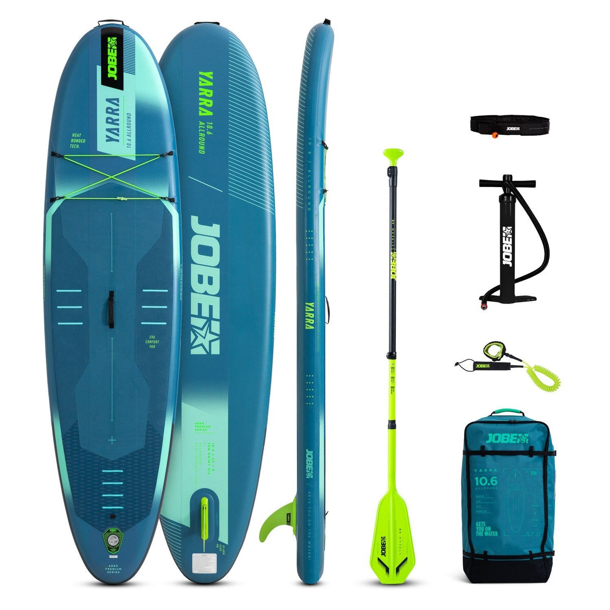 Jobe Aero Yarra 10.6 SUP-Board in Stahlblau – Komplettpaket mit Paddel, Pumpe, Leash und Rucksack