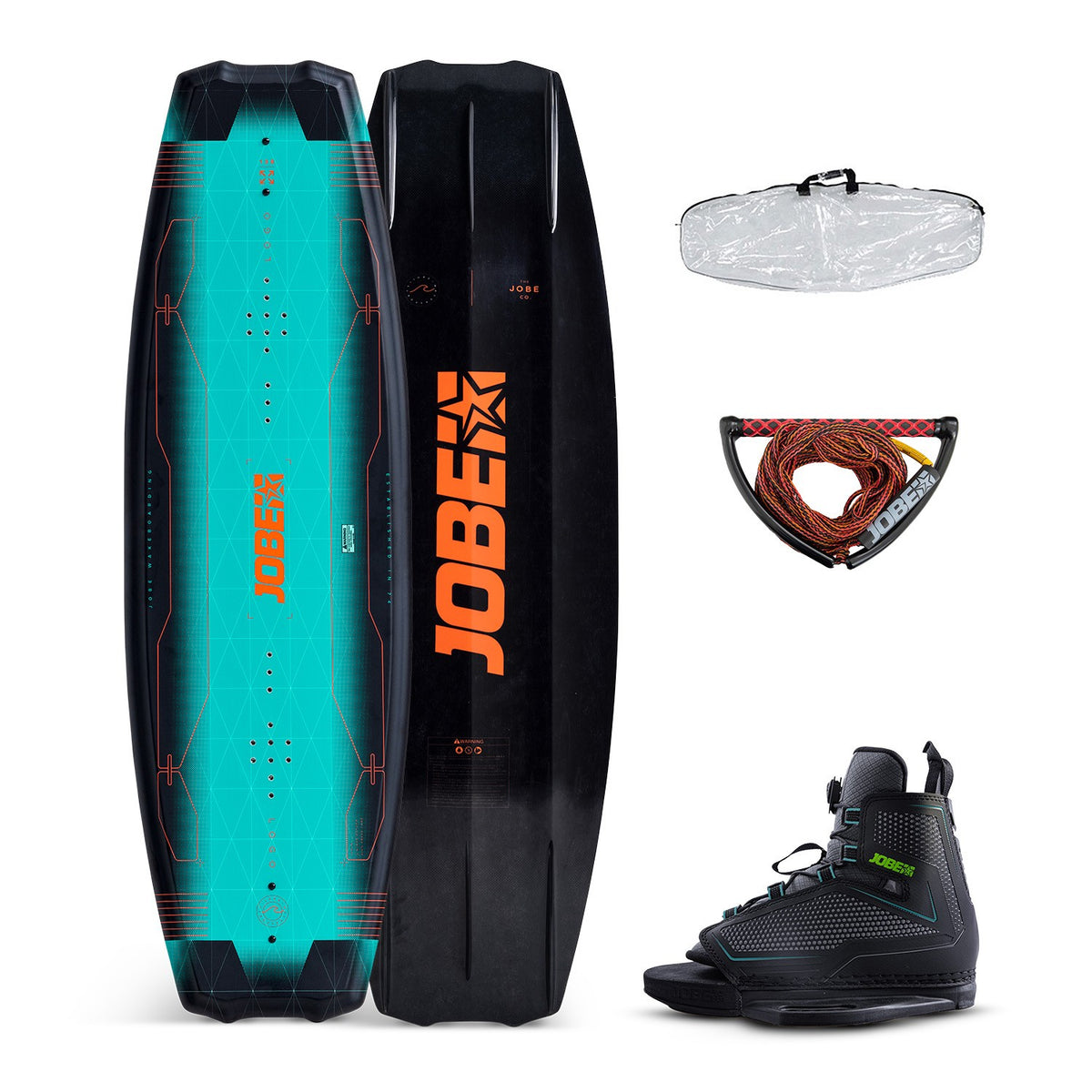 Jobe Logo 138 Set: Wakeboard von oben und unten, Maze-Bindung, transparente Boardtasche und Zugleine mit Griff