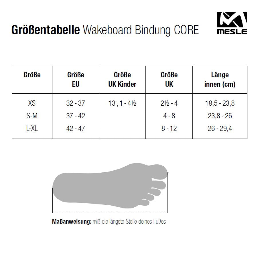Größentabelle der Mesle Core Wakeboard Bindung
