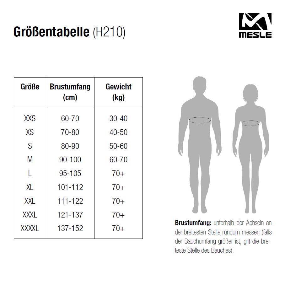 Größentabelle der Mesle H210 Schwimmweste