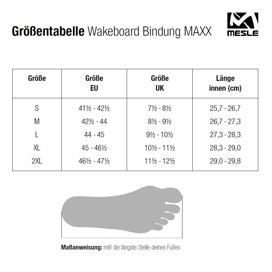 Größentabelle der Mesle Maxx Wakeboard Bindung