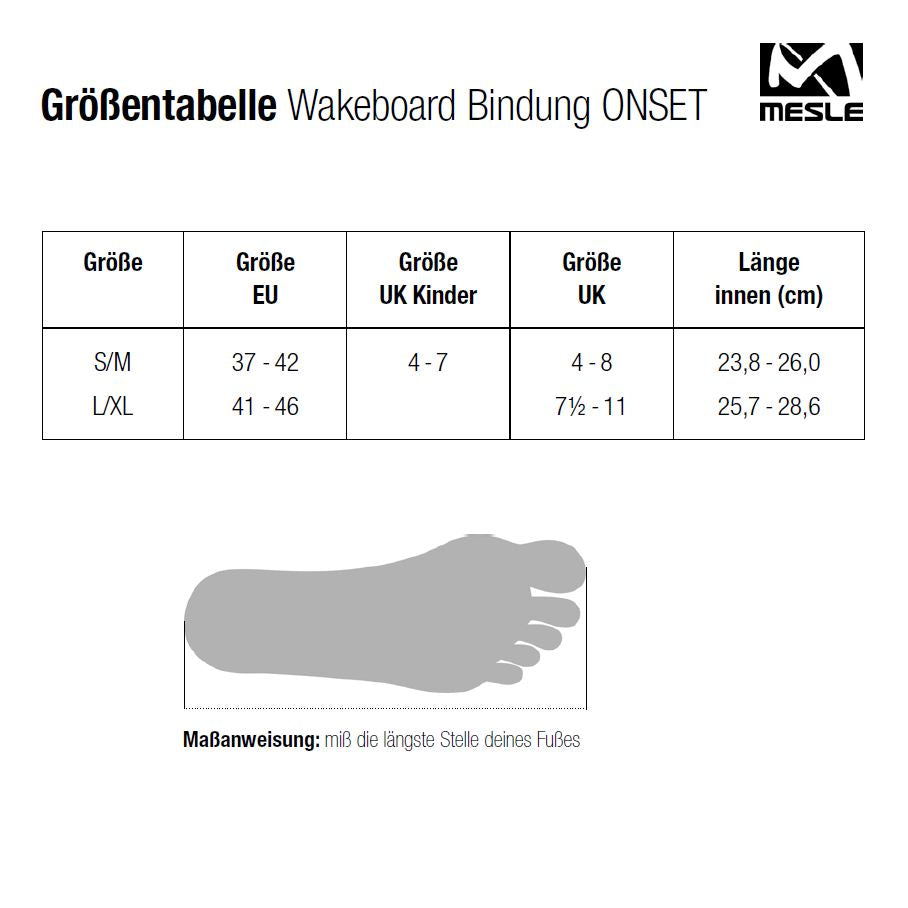 Größentabelle der Mesle OnSet Wakeboard Bindung