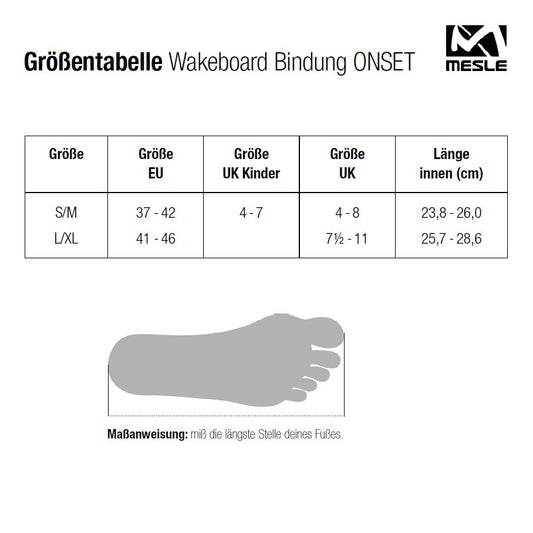 Größentabelle der Mesle OnSet Wakeboard Bindung