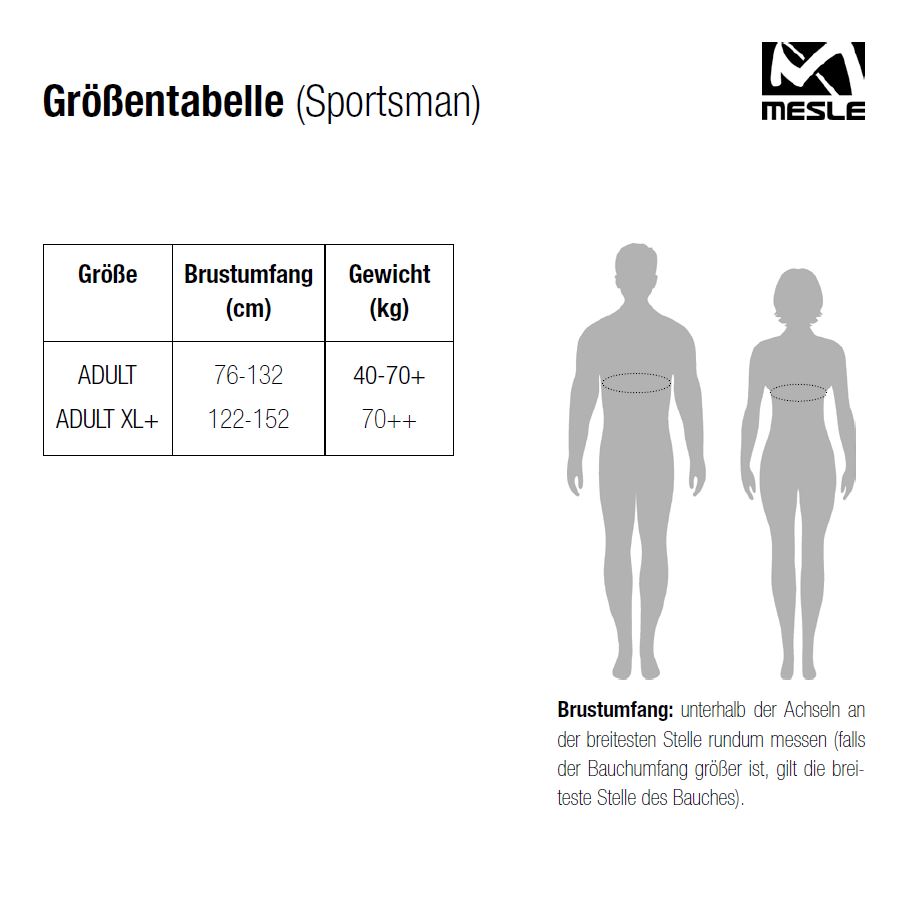 Größentabelle der Mesle Sportsman Schwimmweste